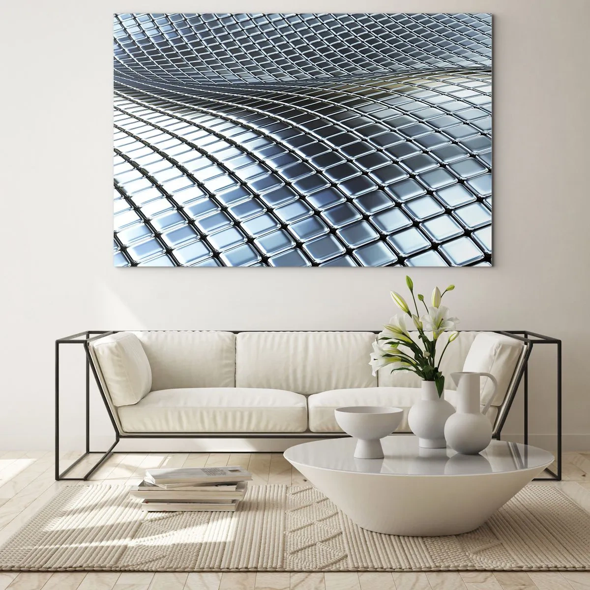 Obraz na skle - Abstraktní povrch s lesklými kovovými čtverečky - 70x50cm - Kovová stříbrná vlna - Moderní nástěnná dekorace do obývacího pokoje a ložnice ARTTOR