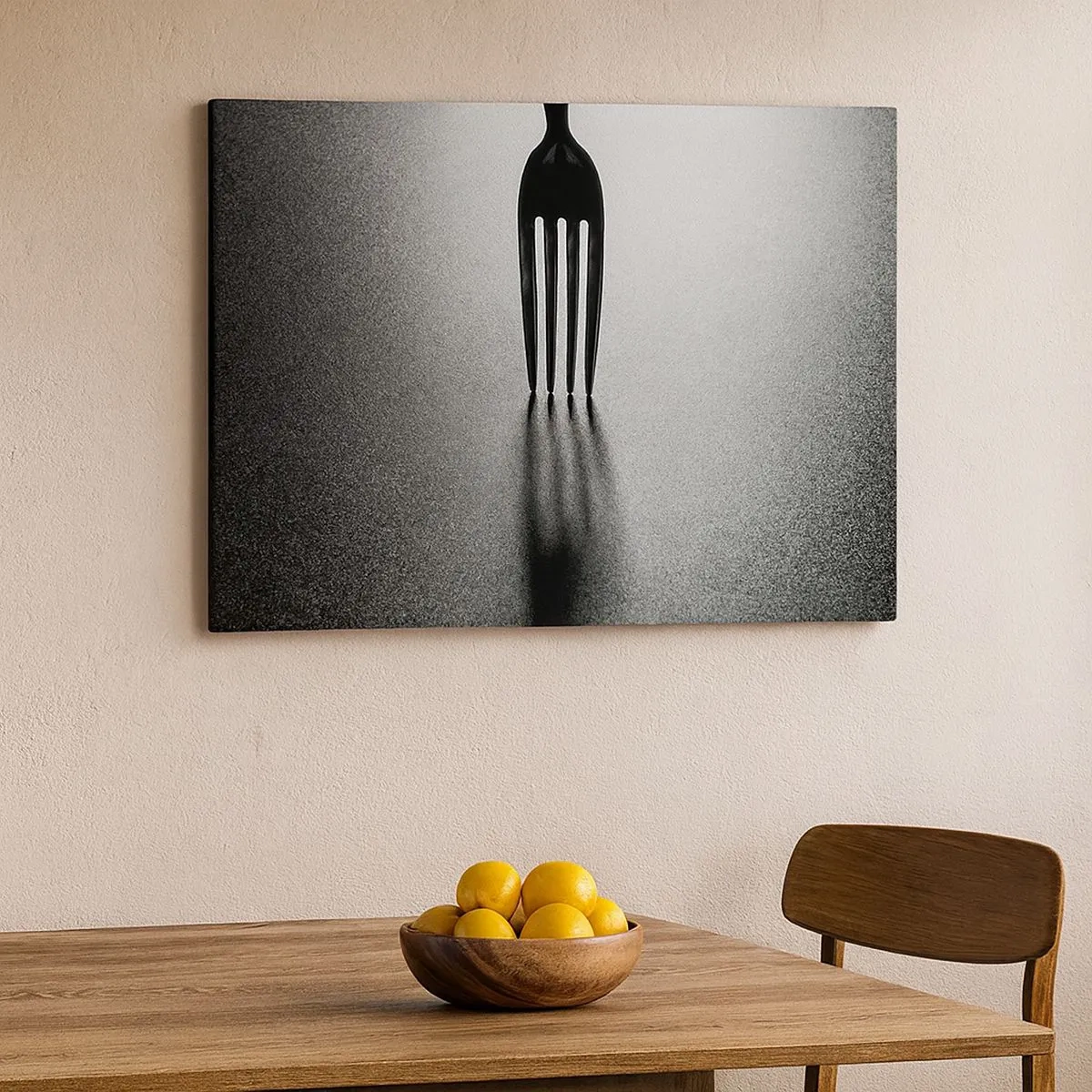 Obraz na plátně - Minimalistické pojetí vidličky v černé a bílé barvě se stínohry. - 70x50cm - Světlo a stín - Moderní nástěnná dekorace do obývacího pokoje a ložnice ARTTOR
