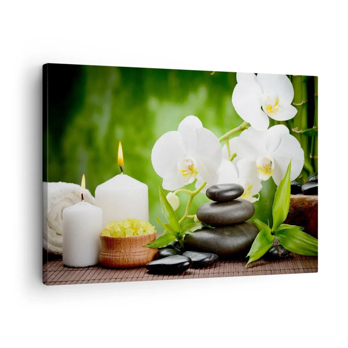 Obraz na plátně - Orchideje, svíčky a kameny obklopené přírodou - 70x50cm - Voňavý, květinový, jemný dotek - Moderní nástěnná dekorace do obývacího pokoje a ložnice ARTTOR