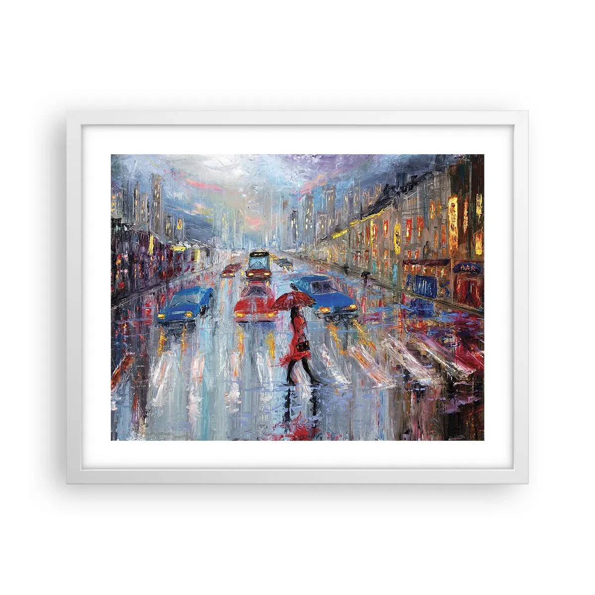 Plakát v bílém rámu - Deštivé odpoledne ve městě - 50x40 cm