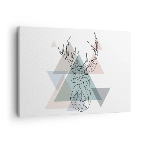Obraz na plátně - Geometrický jelen na pozadí pastelových trojúhelníků - 70x50cm - V geometrickém lese - Moderní nástěnná dekorace do obývacího pokoje a ložnice ARTTOR