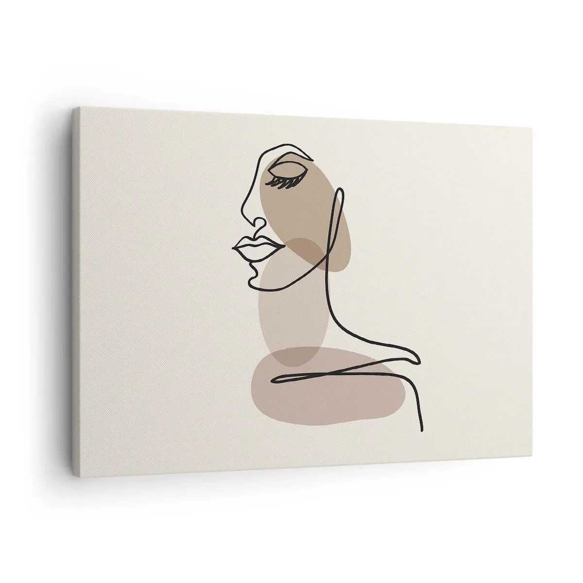 Obraz na plátně - Minimalistická ženská tvář s abstraktními skvrnami - 70x50cm - Při poslechu samé sebe - Moderní nástěnná dekorace do obývacího pokoje a ložnice ARTTOR