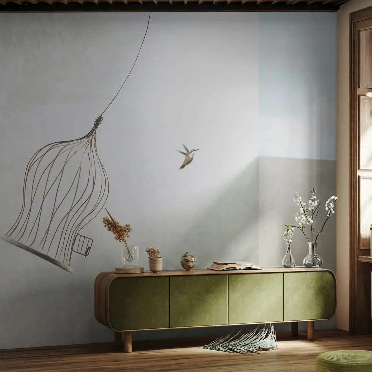 Fototapeta Premium Canvas - Ve svém živlu - Abstrakce, Pták, Ptačí klec - 450x315 cm