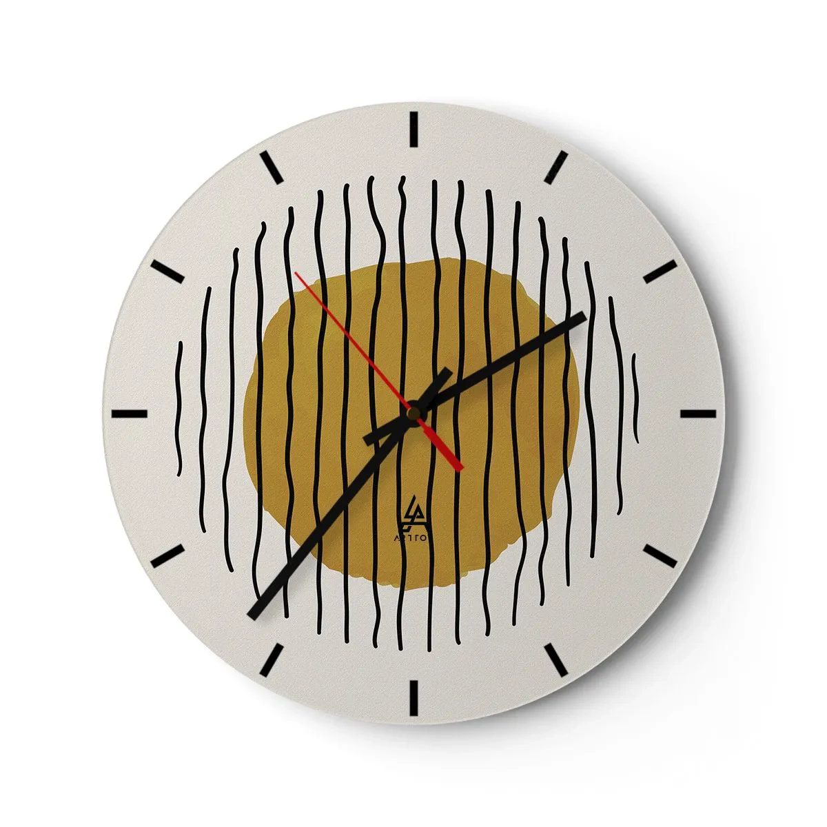 Nástěnné hodiny - Žlutooranžový kruh obklopený černými vlnovkami - 30x30cm - Abstrakce chvějící se žárem - Moderní nástěnná dekorace do obývacího pokoje, kuchyně a ložnice ARTTOR