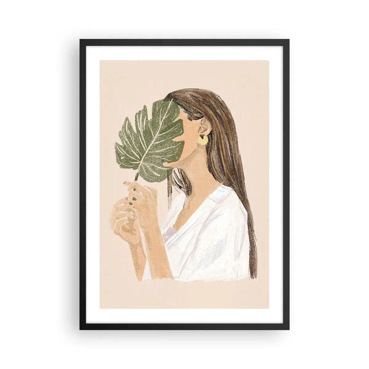 Plakát v černém rámu - Žena si zakrývající obličej listem monstery. - 50x70cm - Tajemný portrét s vějířem - Moderní nástěnná dekorace do obývacího pokoje a ložnice ARTTOR