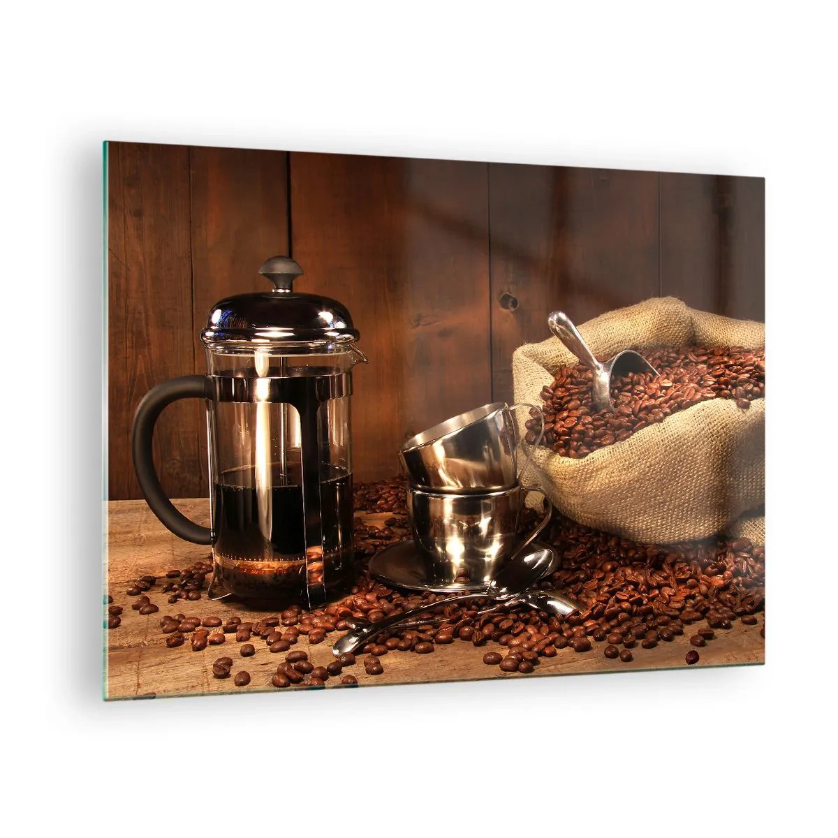 Obraz na skle - Kávovar, šálky a sáček kávových zrn - 70x50cm - Kouzlo kávy - aroma a chuť - Moderní nástěnná dekorace do obývacího pokoje a ložnice ARTTOR
