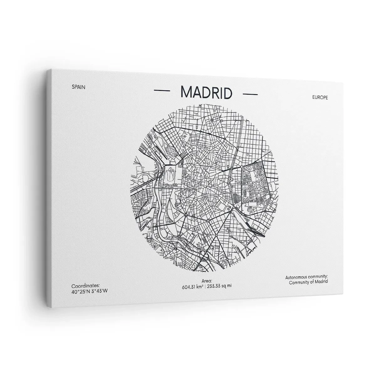Obraz na plátně - Mapa Madridu v minimalistickém černobílém stylu - 70x50cm - Anatomie Madridu - Moderní nástěnná dekorace do obývacího pokoje a ložnice ARTTOR