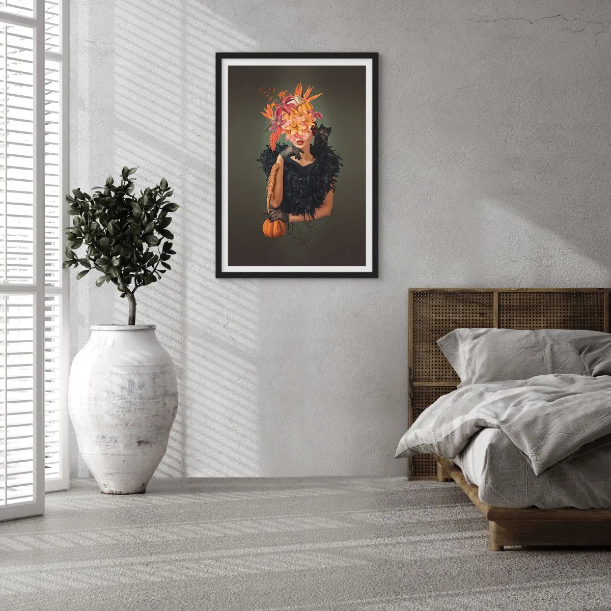 Plakát v černém rámu - Umělecký portrét ženy s květinami, dýní a černou kočkou. - 50x70cm - Kouzlo čarodějnice - Moderní nástěnná dekorace do obývacího pokoje a ložnice ARTTOR