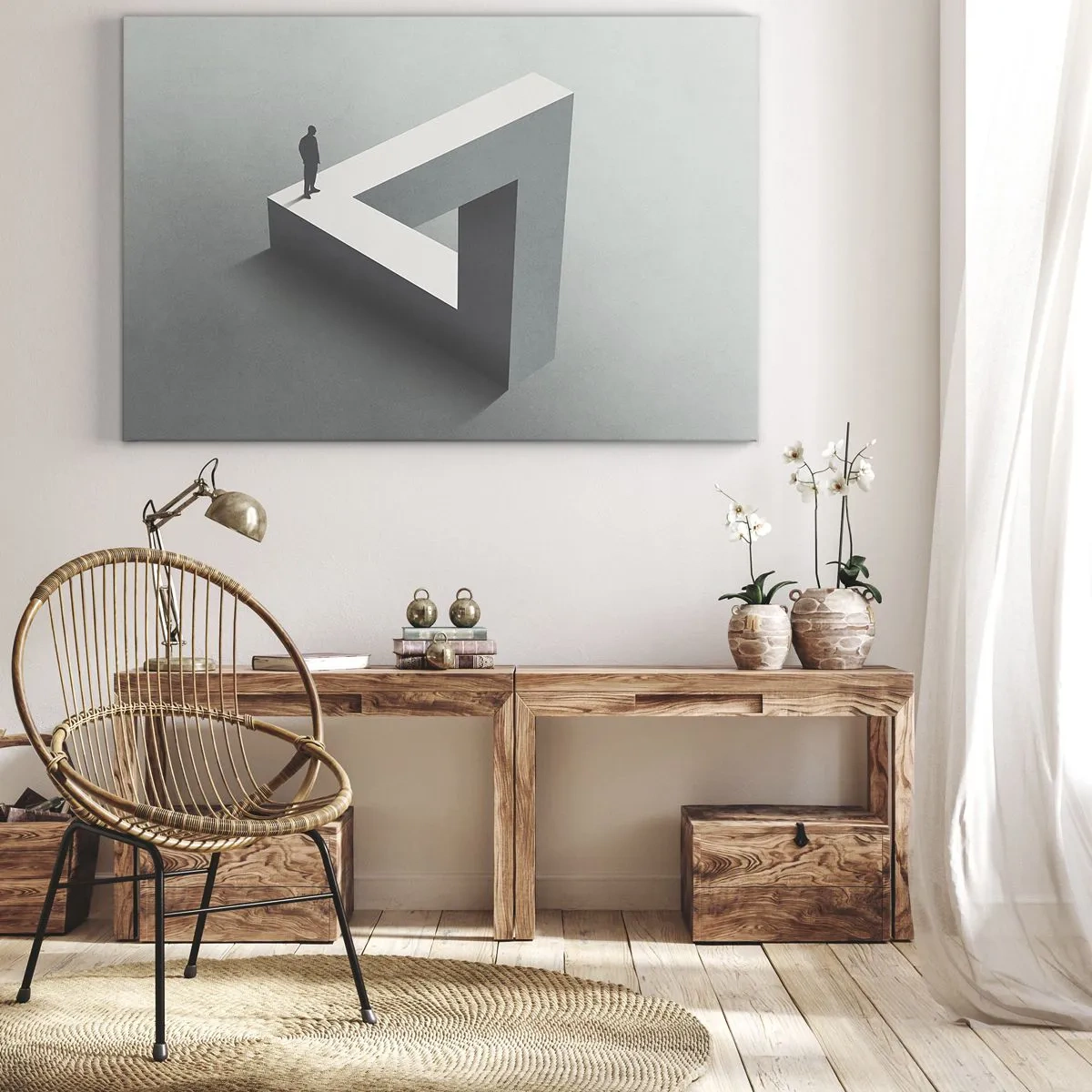 Obraz na plátně - Postava stojící na Penroseově trojúhelníku v odstínech šedé. - 70x50cm - A přece je to možné - Moderní nástěnná dekorace do obývacího pokoje a ložnice ARTTOR