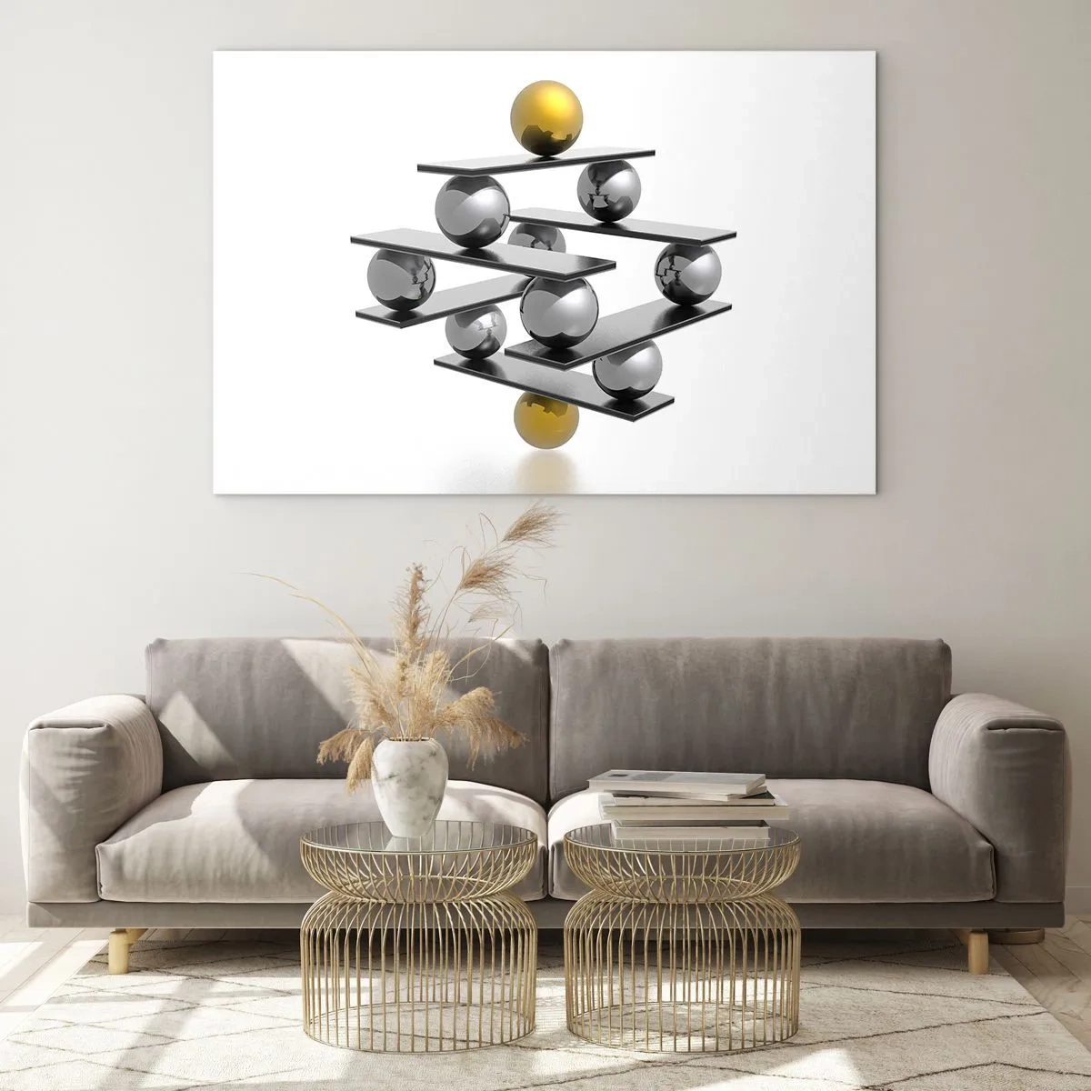 Obraz na skle - Geometrická kompozice s míčky a plošinami na bílém pozadí - 70x50cm - Zlato-stříbrná rovnováha - Moderní nástěnná dekorace do obývacího pokoje a ložnice ARTTOR
