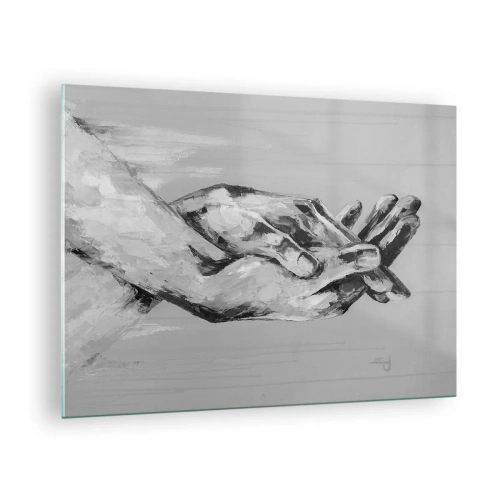 Obraz na skle - Černobílý obraz dvou rukou, které se k sobě natahují - 70x50cm - Začátek… - Moderní nástěnná dekorace do obývacího pokoje a ložnice ARTTOR