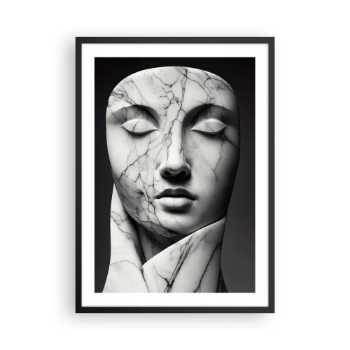Plakát v černém rámu - Mramorová socha obličeje se zavřenýma očima na černém pozadí - 50x70cm - Mramorové tvary - Moderní nástěnná dekorace do obývacího pokoje a ložnice ARTTOR