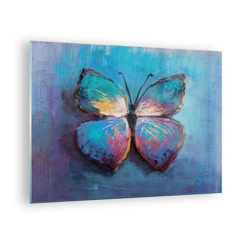 Obraz na skle - Barevný motýl na pozadí abstraktních barev v odstínech modré a fialové. - 70x50cm - V celé své kráse - Moderní nástěnná dekorace do obývacího pokoje a ložnice ARTTOR