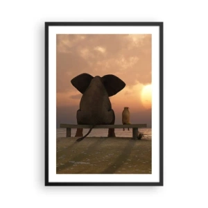 Plakát v černém rámu - Slon a pes na lavičce v zapadajícím slunci - 50x70cm - Je skvělé spolu mlčet - Moderní nástěnná dekorace do obývacího pokoje a ložnice ARTTOR