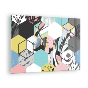 Obraz na skle - Barevné kostky a šestiúhelníky v moderní kompozici - 70x50cm - Šestiúhelníky a krychle v šesti barvách - Moderní nástěnná dekorace do obývacího pokoje a ložnice ARTTOR