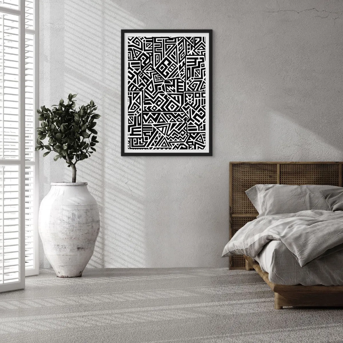 Plakát v černém rámu - Černobílý geometrický vzor v uměleckém stylu - 50x70cm - Předkolumbovská kompozice - Moderní nástěnná dekorace do obývacího pokoje a ložnice ARTTOR