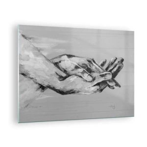 Obraz na skle - Černobílý obraz dvou rukou, které se k sobě natahují - 70x50cm - Začátek… - Moderní nástěnná dekorace do obývacího pokoje a ložnice ARTTOR