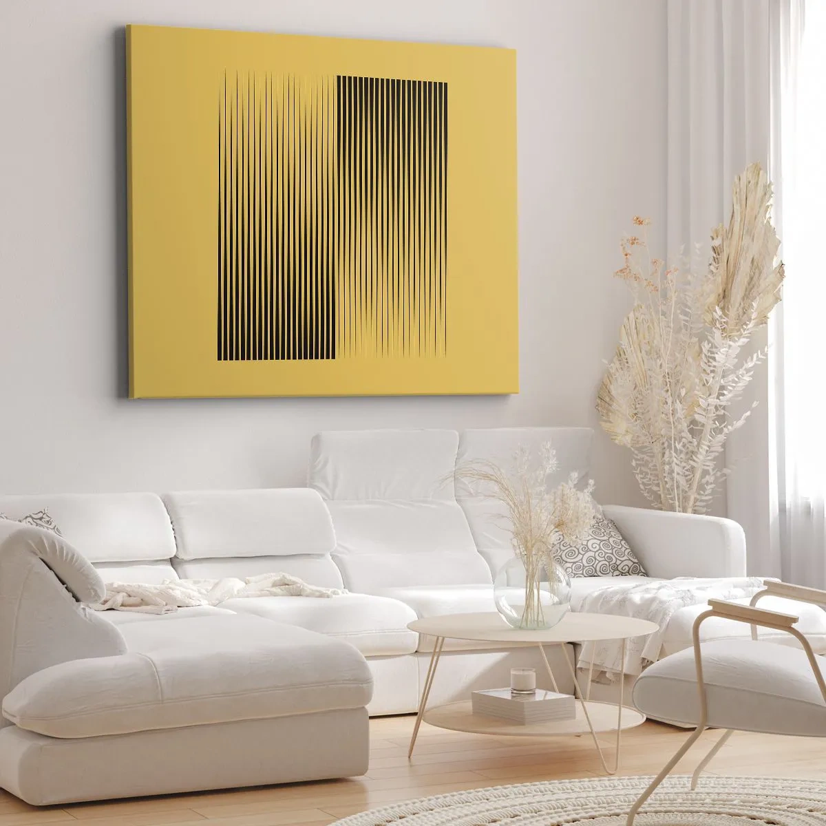 Obraz na plátně - Svislé černé čáry na žlutém pozadí - 70x50cm - Čtverec protikladů - Moderní nástěnná dekorace do obývacího pokoje a ložnice ARTTOR