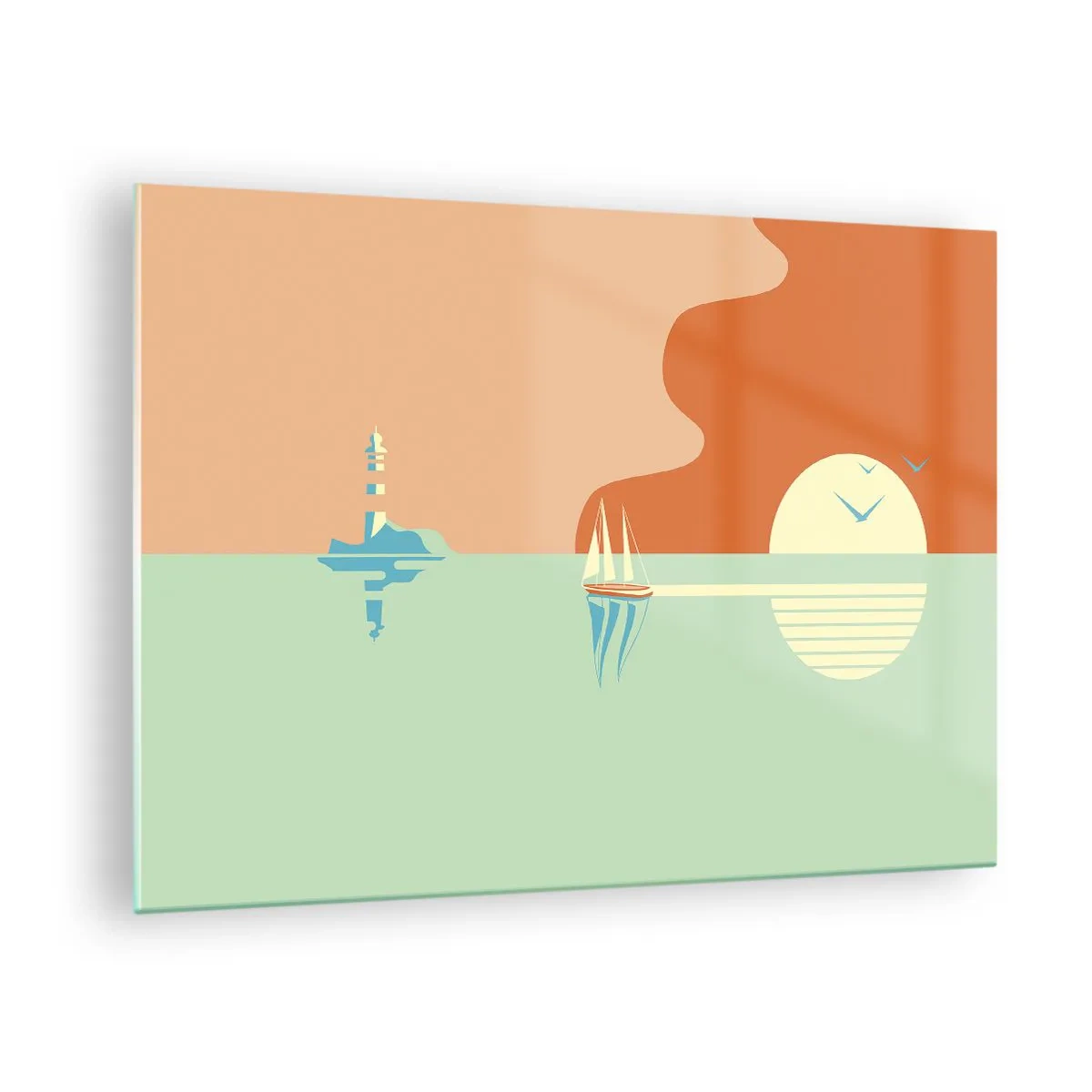 Obraz na skle - Minimalistický západ slunce s plachetnicí a majákem - 70x50cm - Dokonalá mořská krajina - Moderní nástěnná dekorace do obývacího pokoje a ložnice ARTTOR