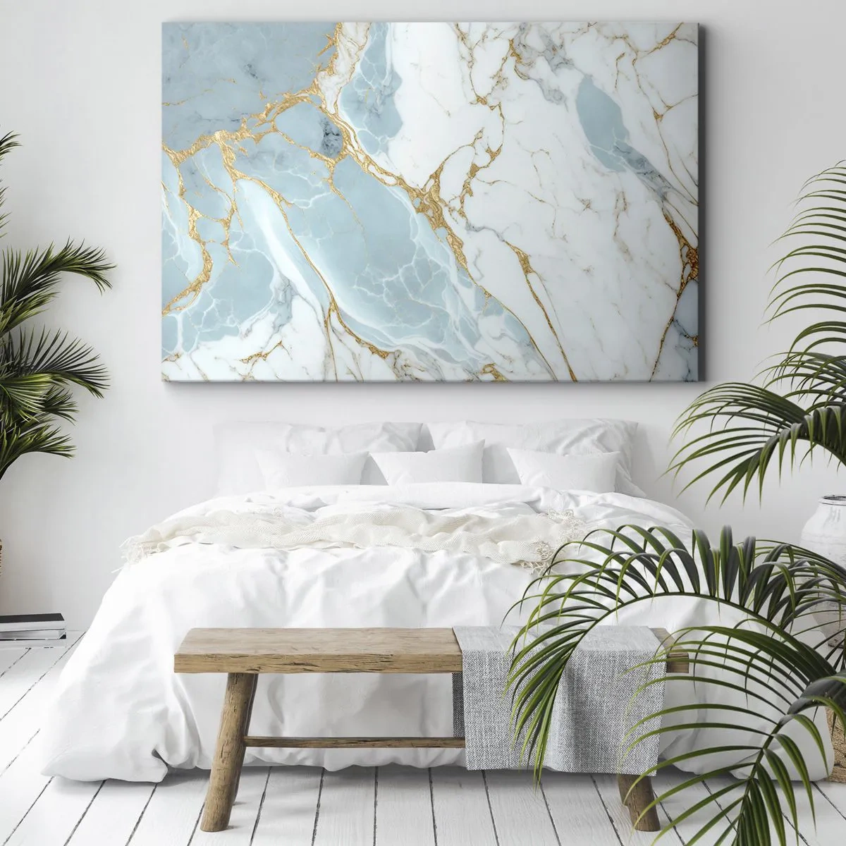 Obraz na plátně - Modré a bílé mramorové vzory s přidanými zlatými žilkami - 70x50cm - Bohatství kamene - Moderní nástěnná dekorace do obývacího pokoje a ložnice ARTTOR
