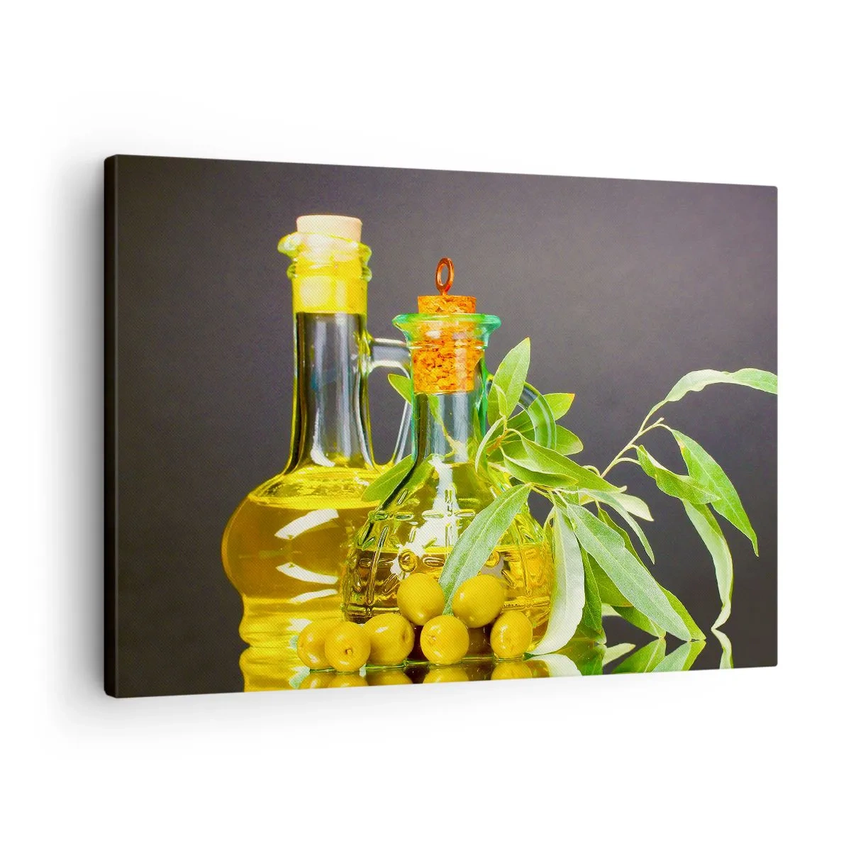 Obraz na plátně - Lahve olivového oleje a větve olivovníků - 70x50cm - Zátiší s olivami a olejem - Moderní nástěnná dekorace do obývacího pokoje a ložnice ARTTOR