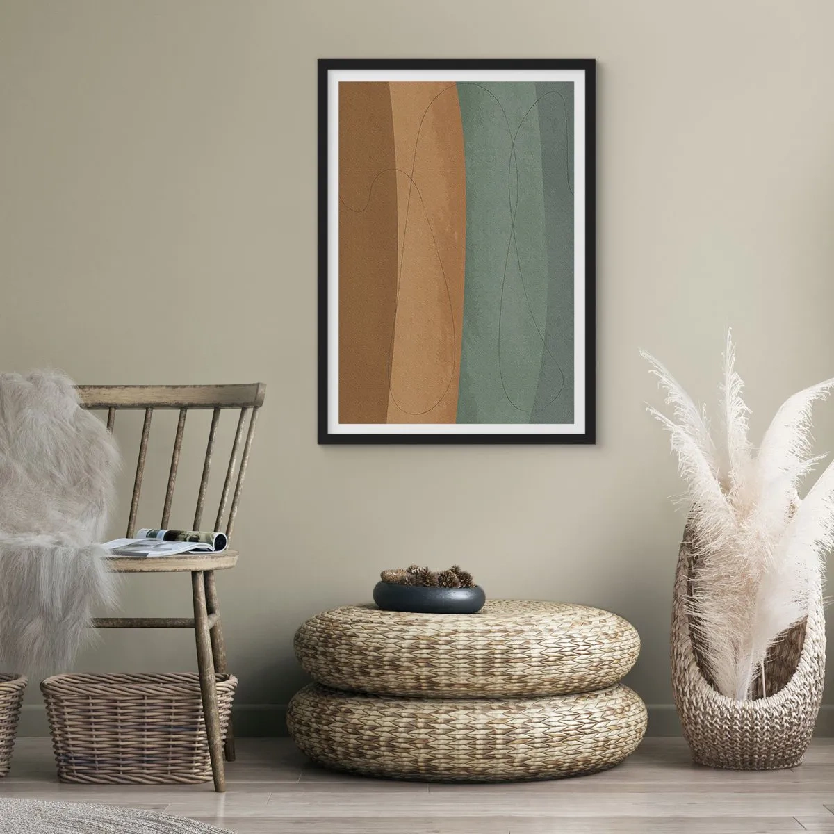 Plakát v černém rámu - Organické linie na zemitém a zeleném pozadí - 50x70cm - Horizontální kompozice - Moderní nástěnná dekorace do obývacího pokoje a ložnice ARTTOR