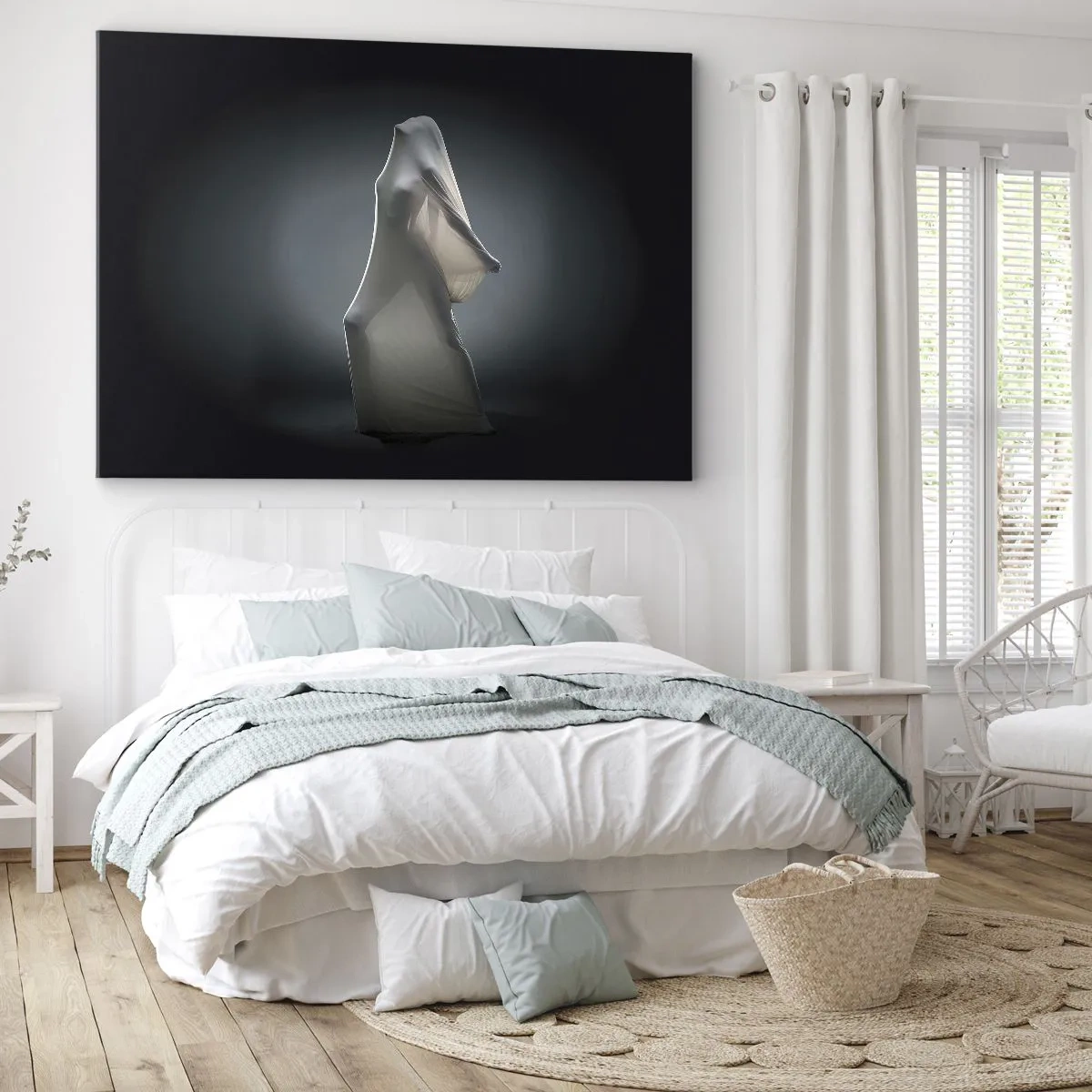 Obraz na plátně - Postava v bílé látce na tmavém pozadí - 70x50cm - Skryté touhy - Moderní nástěnná dekorace do obývacího pokoje a ložnice ARTTOR