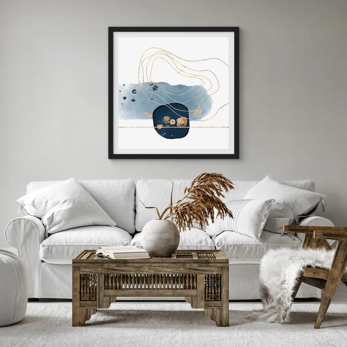 Plakát v černém rámu - Modro-zlatá fantazie - 30x30 cm