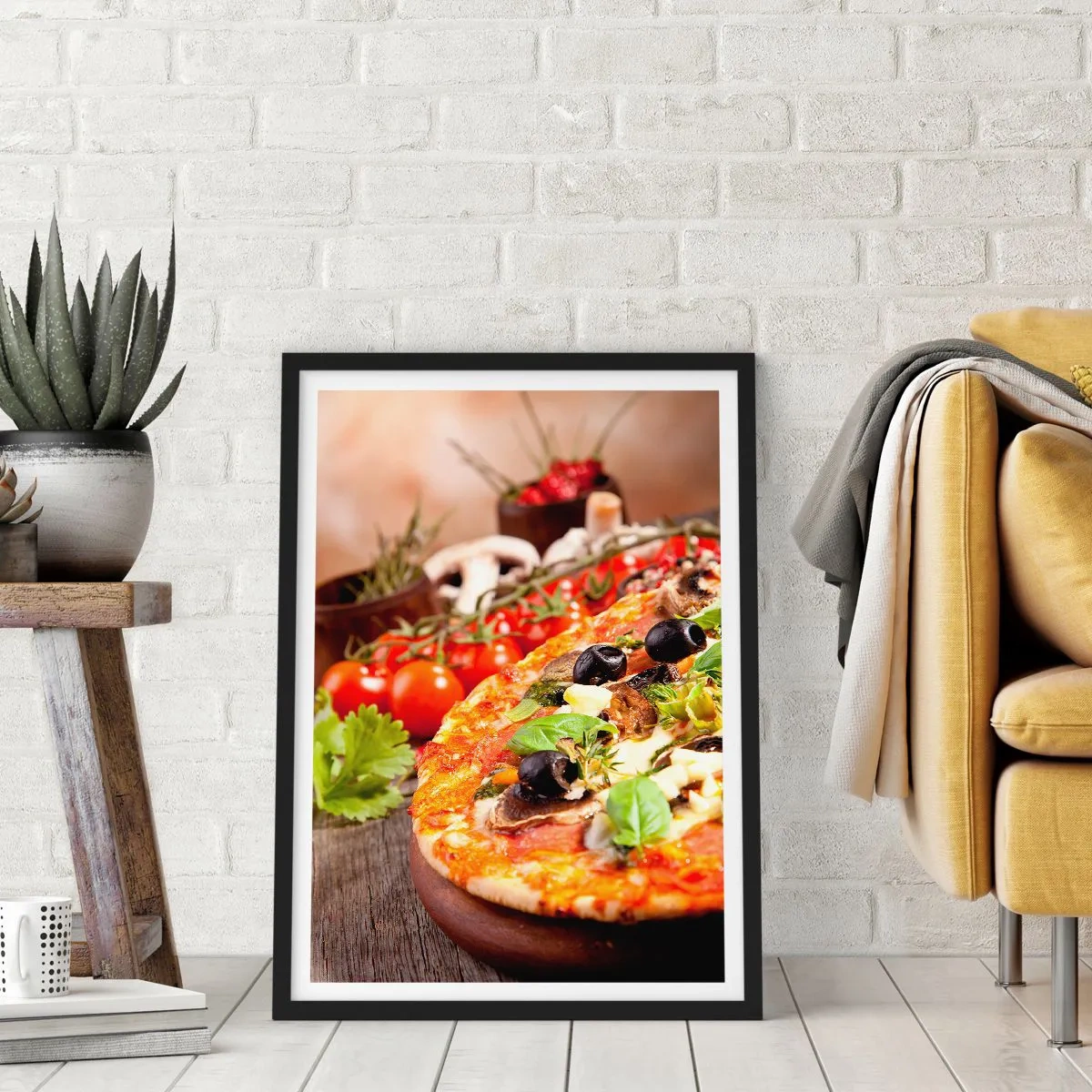 Plakát v černém rámu - Pizza s olivami a bylinkami z čerstvých surovin - 50x70cm - Z telurických složek - Moderní nástěnná dekorace do obývacího pokoje a ložnice ARTTOR