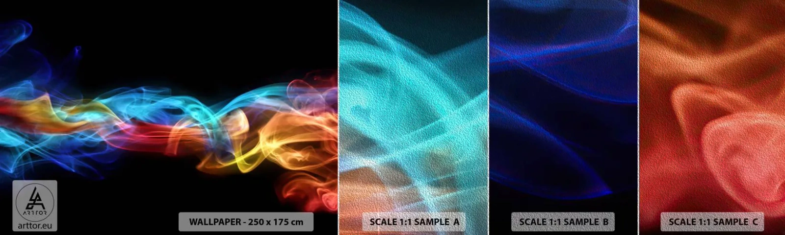 Vzor Fototapety Premium Sand - Duhový tanec mlhy - Abstrakce, Grafika, Barevné plameny - 100x30 cm