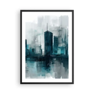 Plakát v černém rámu - Moderní panorama města v odstínech modré - 50x70cm - Město v barvě deště - Moderní nástěnná dekorace do obývacího pokoje a ložnice ARTTOR