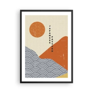 Plakát v černém rámu - Minimalistický japonský vzor s vlnami a sluncem - 50x70cm - V japonském duchu - Moderní nástěnná dekorace do obývacího pokoje a ložnice ARTTOR