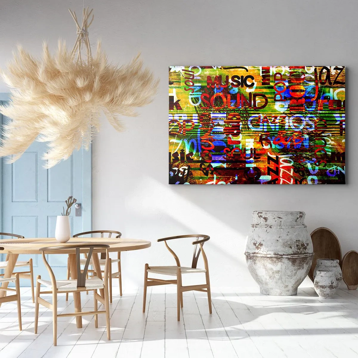 Obraz na plátně - Barevná abstrakce s hudebními nápisy ve stylu pop art - 70x50cm - Všechny barvy zvuku - Moderní nástěnná dekorace do obývacího pokoje a ložnice ARTTOR