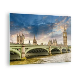 Obraz na skle - Big Ben a Westminsterský most při západu slunce - 70x50cm - Čas se zastavil v Impériu - Moderní nástěnná dekorace do obývacího pokoje a ložnice ARTTOR