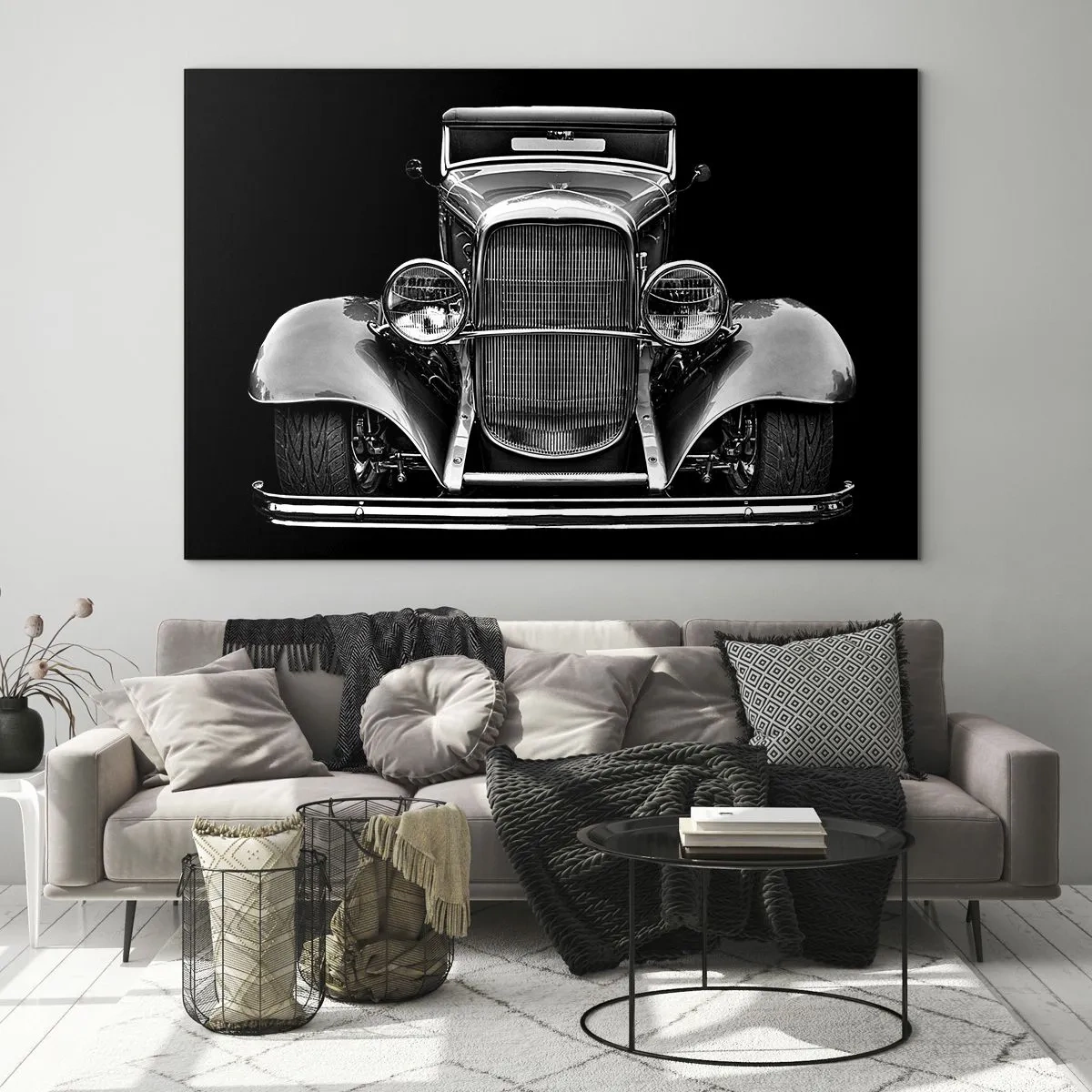 Obraz na skle - Čelní pohled na veterána retro auta - 70x50cm - Opravdový gentleman - Moderní nástěnná dekorace do obývacího pokoje a ložnice ARTTOR