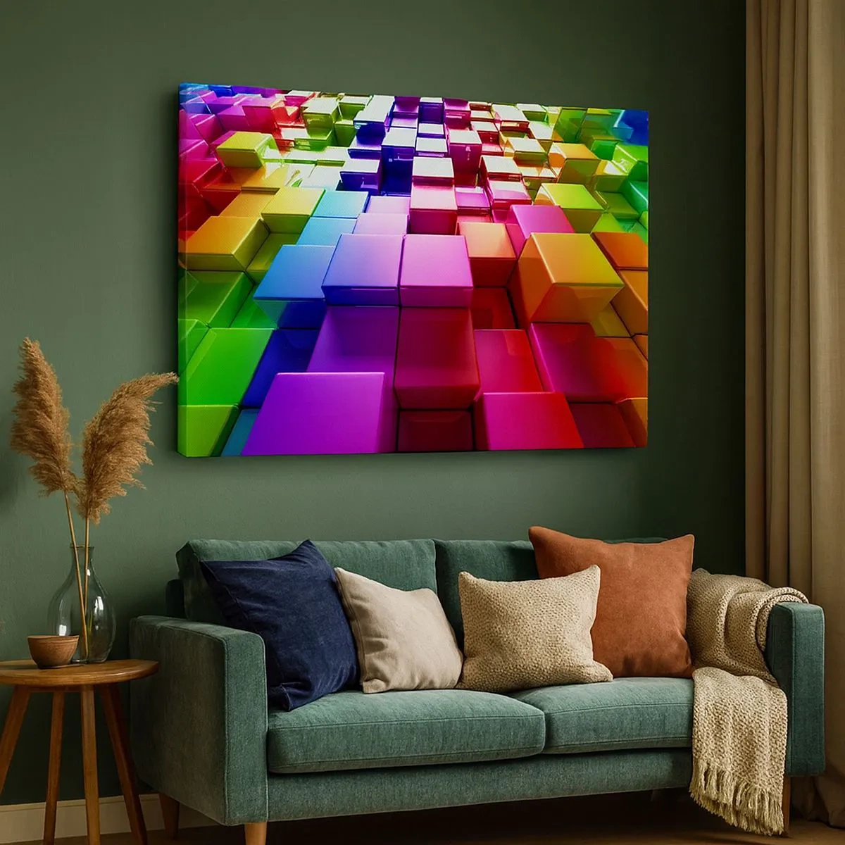 Obraz na plátně - Barevné 3D geometrické kostky - 70x50cm - Op-artové společně v týmu - Moderní nástěnná dekorace do obývacího pokoje a ložnice ARTTOR