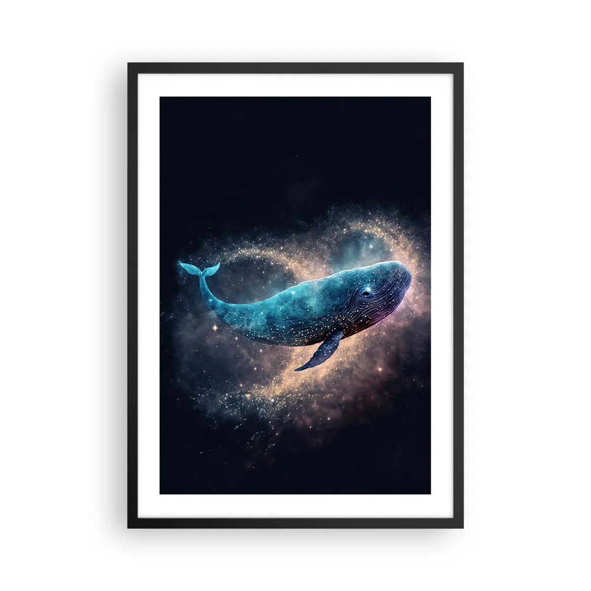 Plakát v černém rámu - Vesmírná velryba obklopená hvězdnou mlhovinou na černém pozadí. - 50x70cm - Je takový svět… - Moderní nástěnná dekorace do obývacího pokoje a ložnice ARTTOR