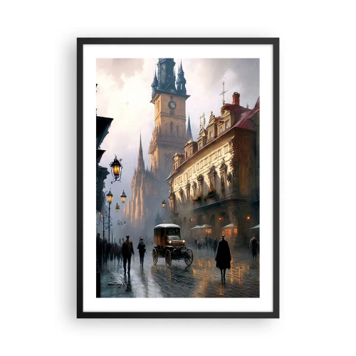 Plakát v černém rámu - Historické město za soumraku s historickým vozidlem - 50x70cm - Kouzlo pražského večera - Moderní nástěnná dekorace do obývacího pokoje a ložnice ARTTOR