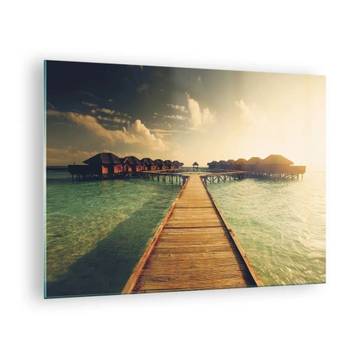 Obraz na skle - Molo vedoucí k chatkám na nábřeží při západu slunce - 70x50cm - Vřelé pozvání - Moderní nástěnná dekorace do obývacího pokoje a ložnice ARTTOR