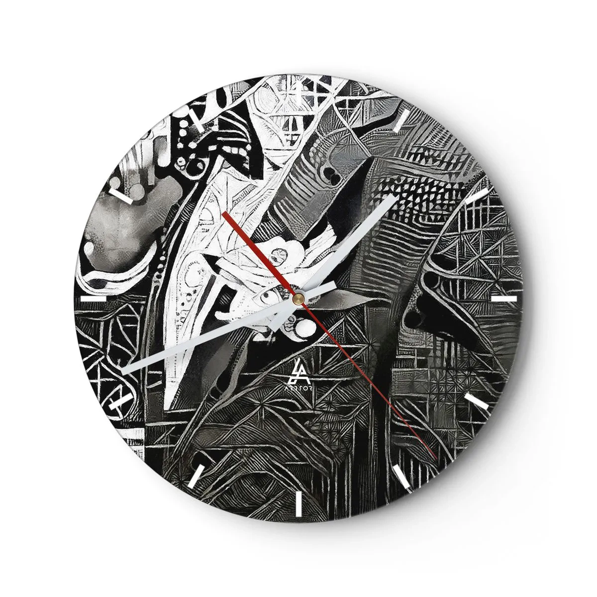 Nástěnné hodiny - Černobílá abstrakce se složitými geometrickými vzory - 30x30cm - Pouze zdánlivě šedý člověk - Moderní nástěnná dekorace do obývacího pokoje, kuchyně a ložnice ARTTOR