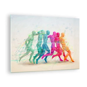Obraz na skle - Barevný abstrakt znázorňující pohyb běžící postavy - 70x50cm - Harmonie pohybu - Moderní nástěnná dekorace do obývacího pokoje a ložnice ARTTOR