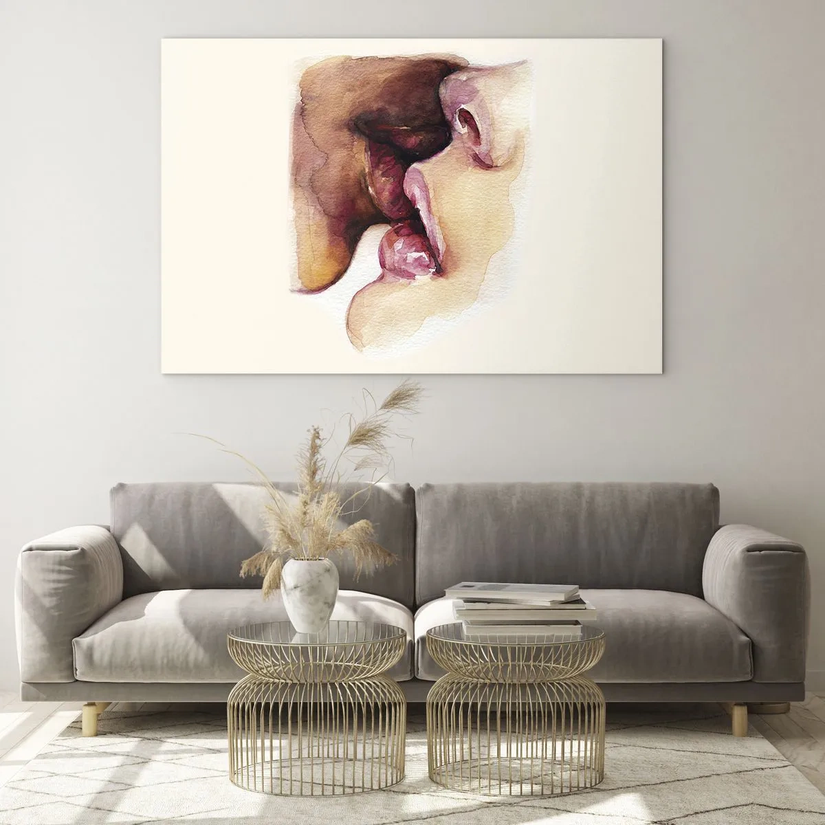 Obraz na skle - Umělecký akvarelový polibek dvou tváří na světlém pozadí - 70x50cm - Jako noc a den, země a nebe - Moderní nástěnná dekorace do obývacího pokoje a ložnice ARTTOR