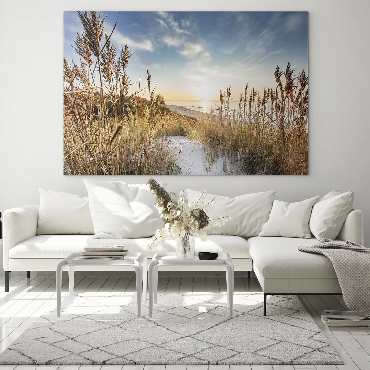 Obraz na skle - Západ slunce nad pláží s travnatými dunami - 70x50cm - Severní pláž - Moderní nástěnná dekorace do obývacího pokoje a ložnice ARTTOR