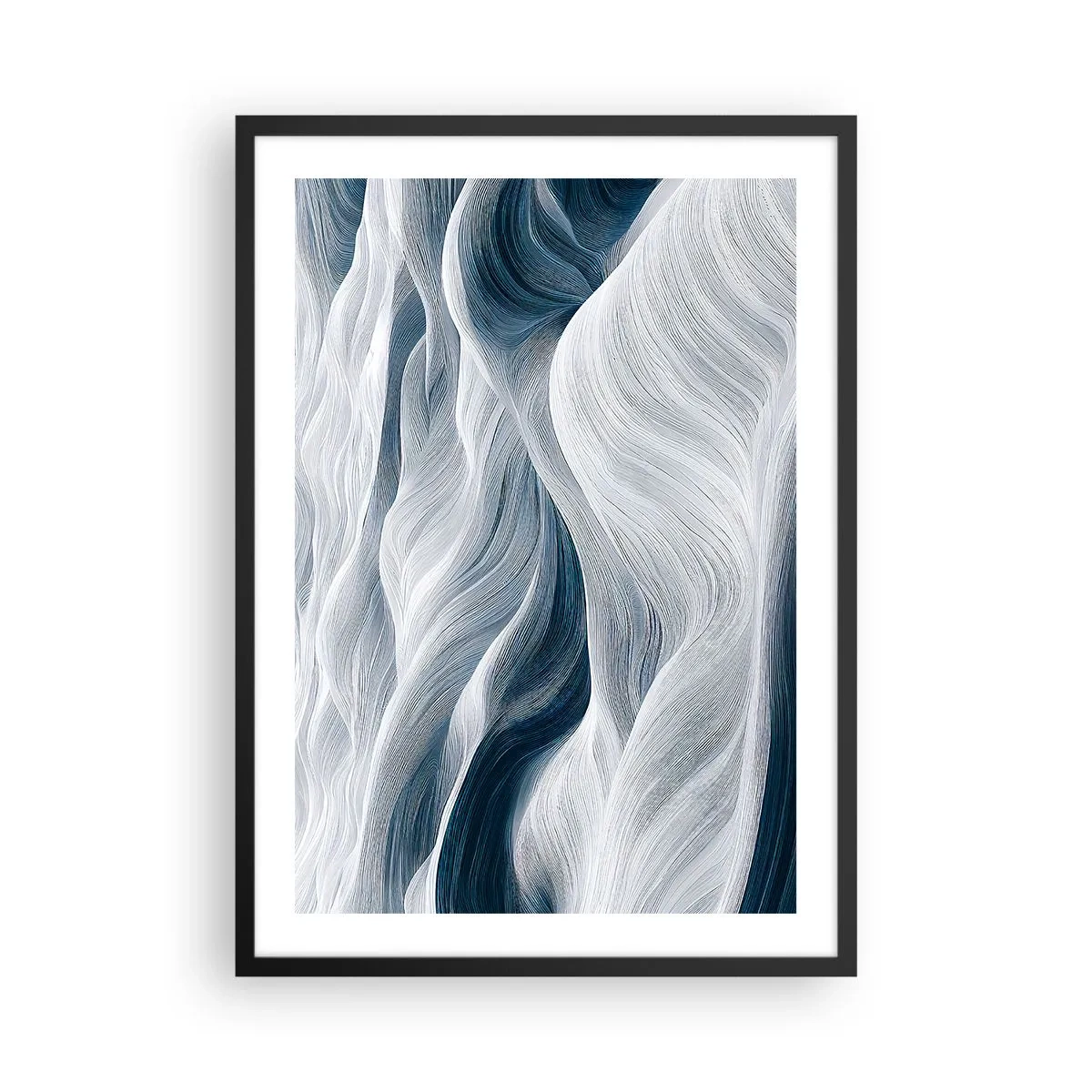 Plakát v černém rámu - Abstraktní vlny v odstínech bílé a tmavě modré - 50x70cm - Bílé a modré vlny - Moderní nástěnná dekorace do obývacího pokoje a ložnice ARTTOR