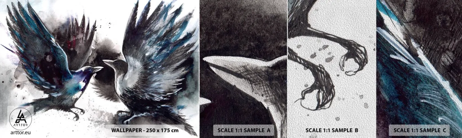 Vzor Fototapety Premium Sand - Havran havranovi… - Abstrakce, Pták, Zvířata - 100x30 cm