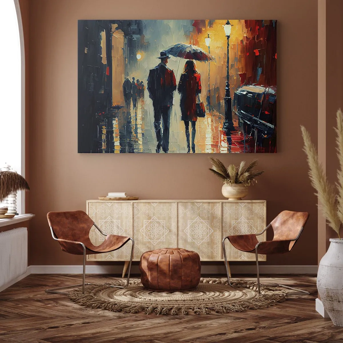 Obraz na plátně - Chůze v dešti pod deštníkem ve městě v noci - 70x50cm - Městská love story - Moderní nástěnná dekorace do obývacího pokoje a ložnice ARTTOR
