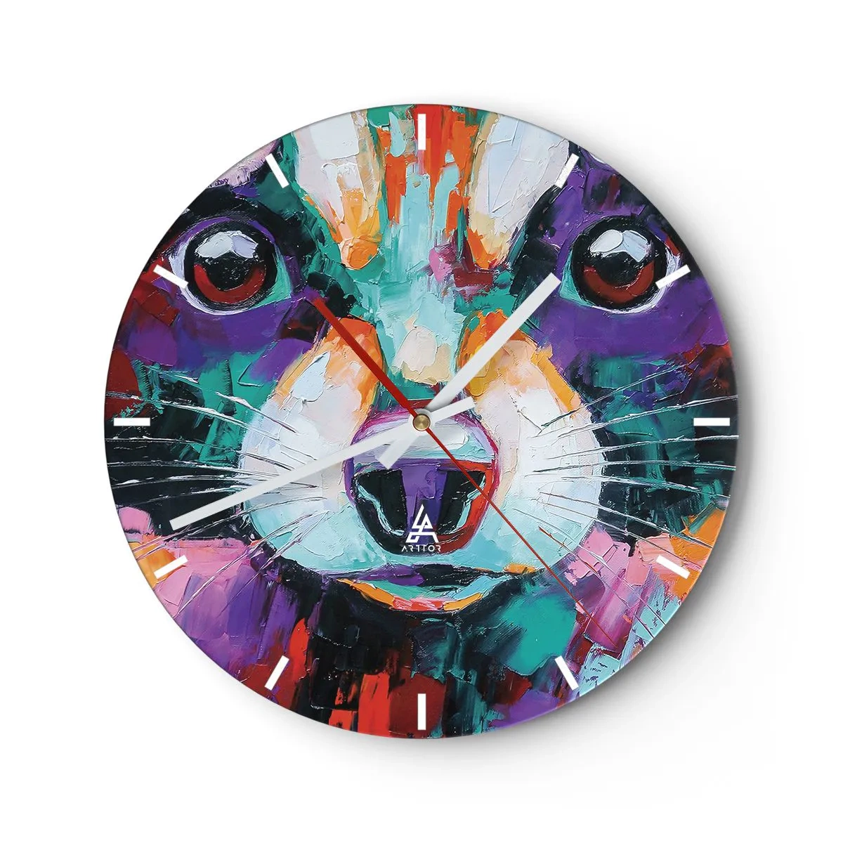 Nástěnné hodiny - Barevný portrét kočky v malířském stylu na bílém pozadí - 30x30cm - Pouze dobré emoce - Moderní nástěnná dekorace do obývacího pokoje, kuchyně a ložnice ARTTOR