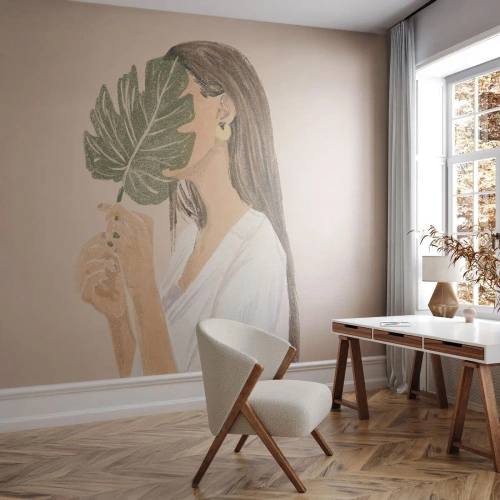 Fototapeta Standard Eco - Tajemný portrét s vějířem - List, Žena, Boho - 350x256 cm