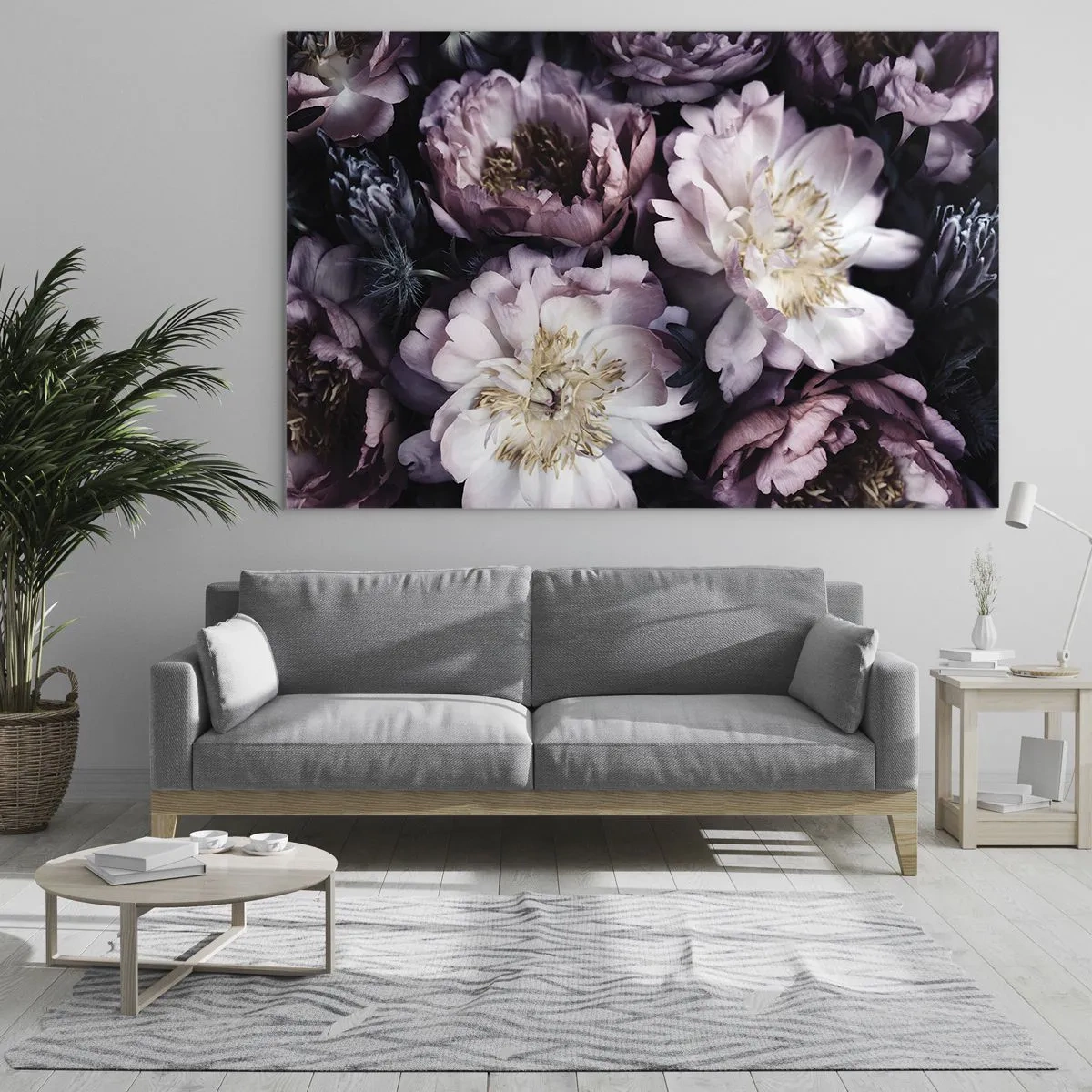 Obraz na skle - Romantická kytice pivoněk v tlumených fialových a růžových odstínech - 70x50cm - Kytice ve starém stylu - Moderní nástěnná dekorace do obývacího pokoje a ložnice ARTTOR