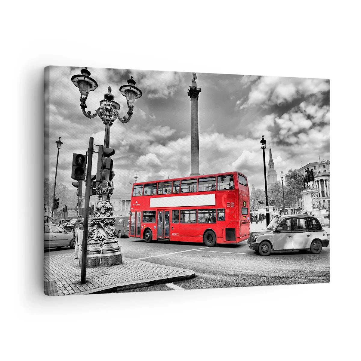 Obraz na plátně - Červený dvoupatrový autobus na černobílém městském pozadí - 70x50cm - Skutečné krevní řečiště města - Moderní nástěnná dekorace do obývacího pokoje a ložnice ARTTOR